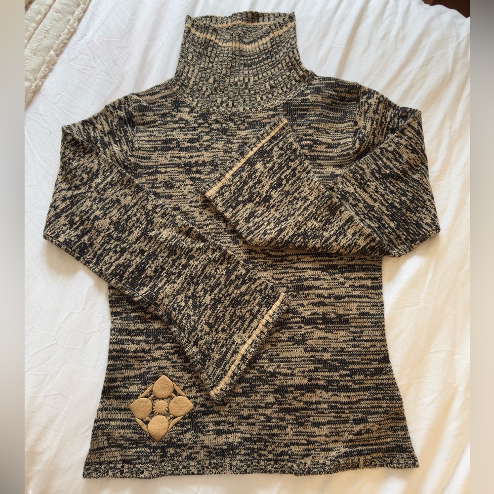 Black and Tan Heather Turtleneck Sweater with Flared Sleeve